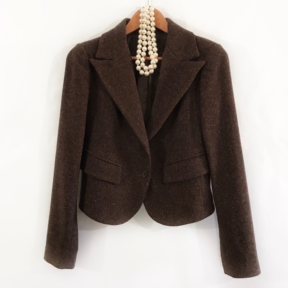 ANGELA MELE Brown Classic Crop Blazer Wool Silk Blend